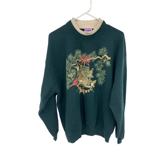 Vintage Holiday Birds Squirrel Green Crewneck Sweatshirt Open House Size 1X - Picture 2 of 7